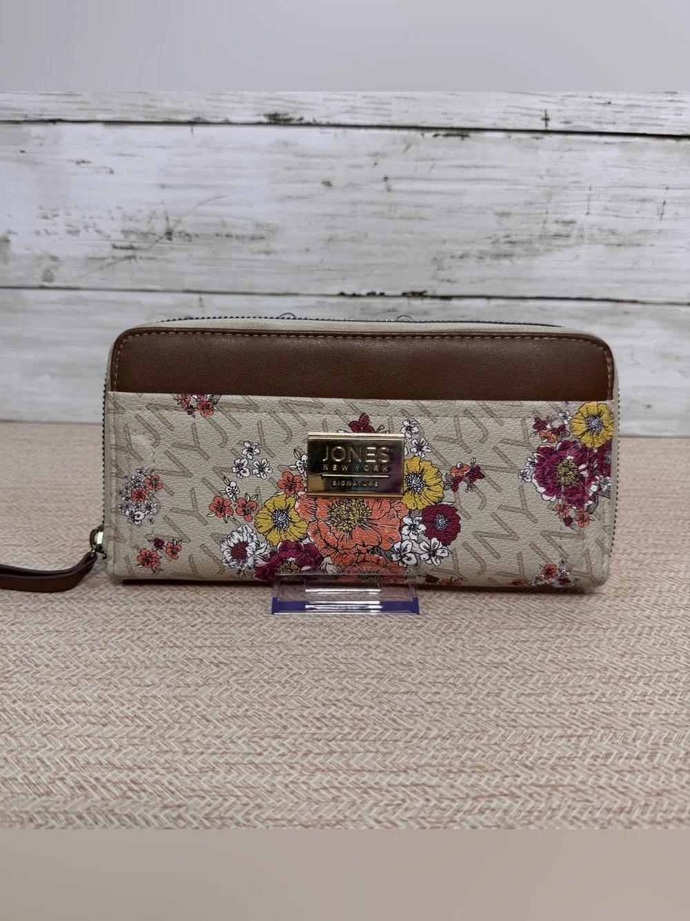 Jones New York Floral Zip-Around Wallet Quilted Cream Brown